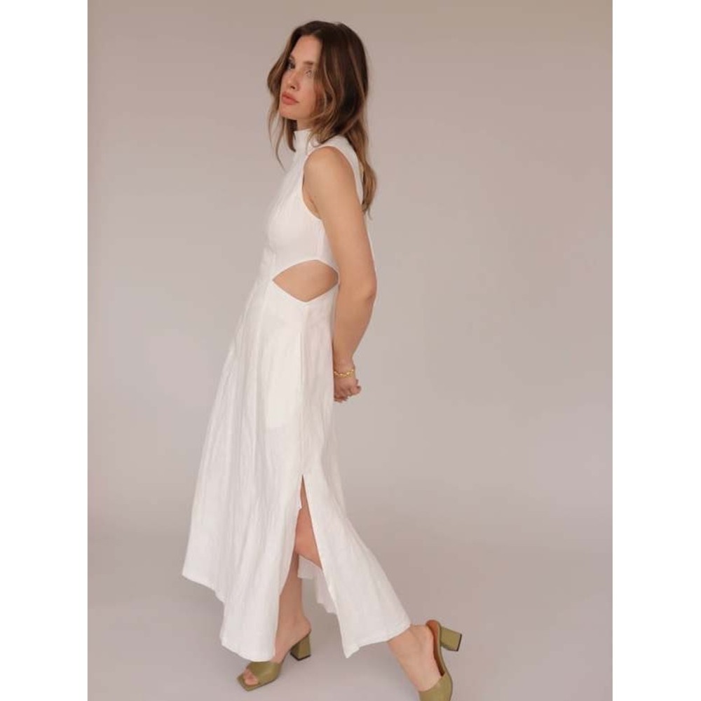 Sovere Midi Dress Linen Virtue Sleeveless Cut Out White Medium